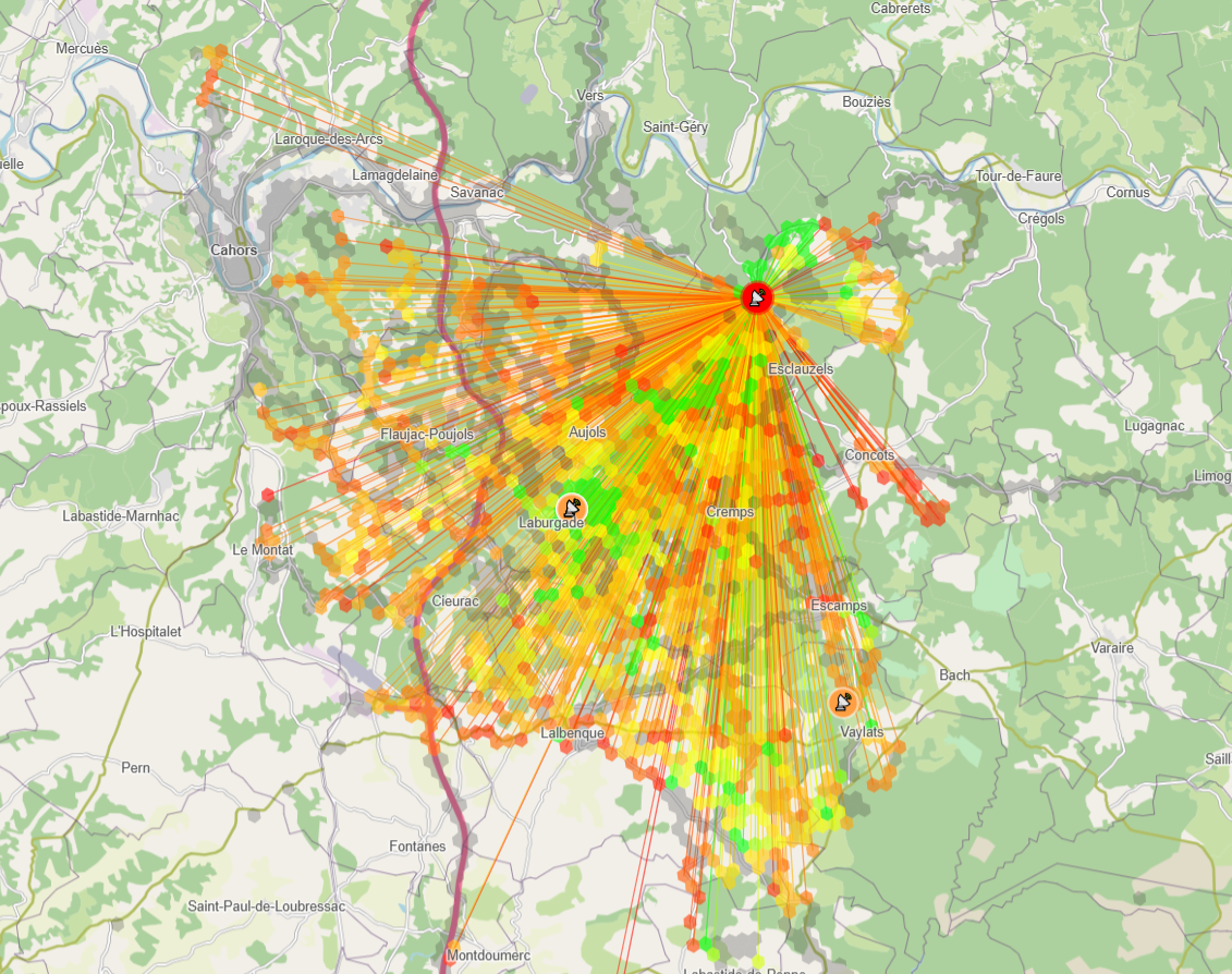Measured coverage across real terrain, plotted from walk-test data